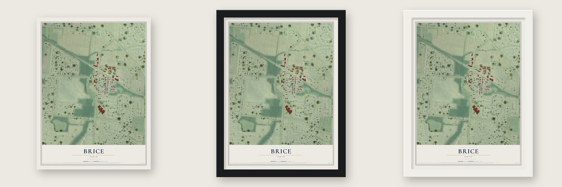 Brice, Ohio map unframed, in a black wood frame and in a white wood frame