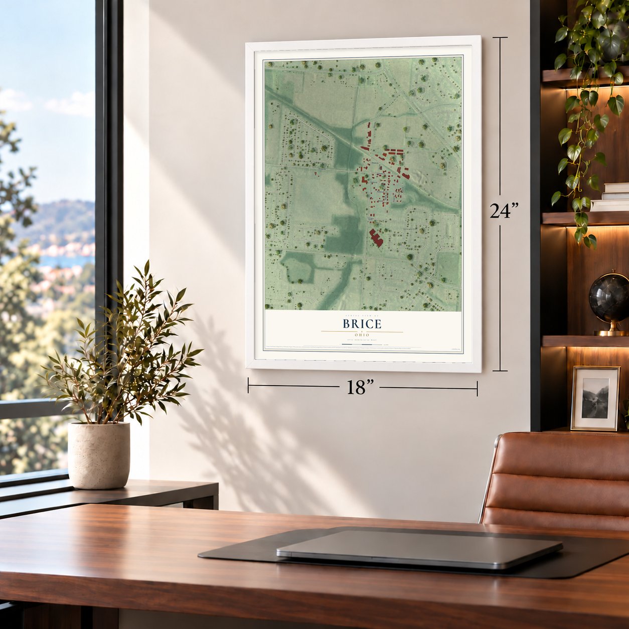 Brice, Ohio map, 18 x 24 inch print in a white frame in a home office