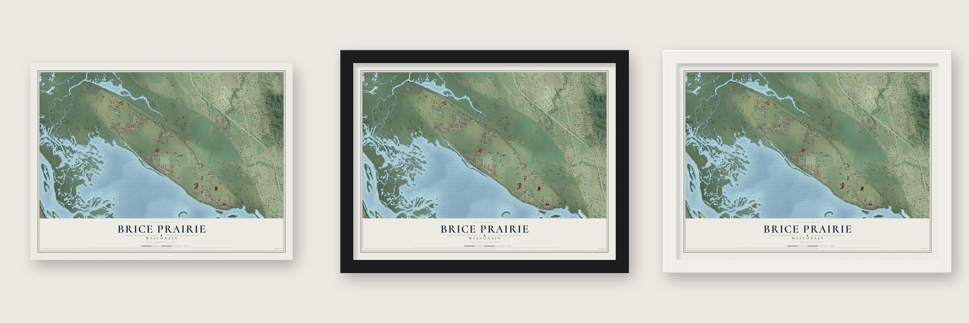 Brice Prairie, Wisconsin map unframed, in a black wood frame and in a white wood frame