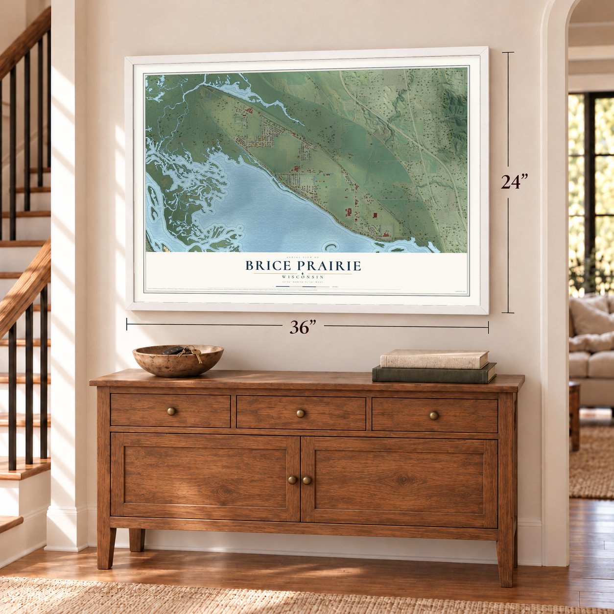 Brice Prairie, Wisconsin map, 24 x 36 inch print in a white frame above a dresser by a staircase