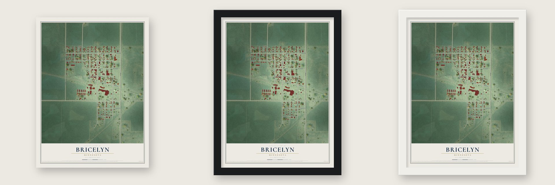 Bricelyn, Minnesota map unframed, in a black wood frame and in a white wood frame