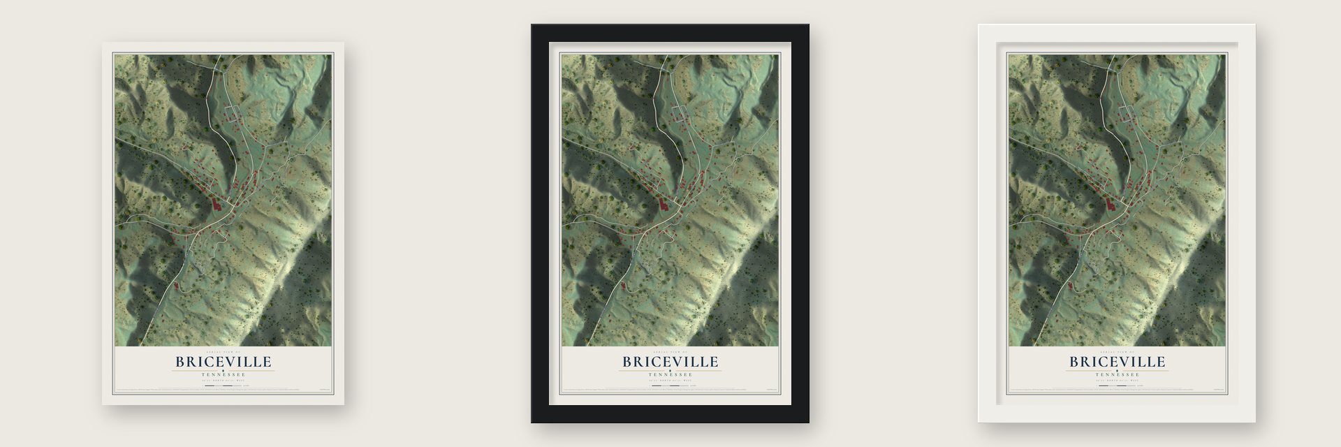 Briceville, Tennessee map unframed, in a black wood frame and in a white wood frame