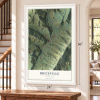 Briceville, Tennessee map, 24 x 36 inch print in a white frame by a staircase