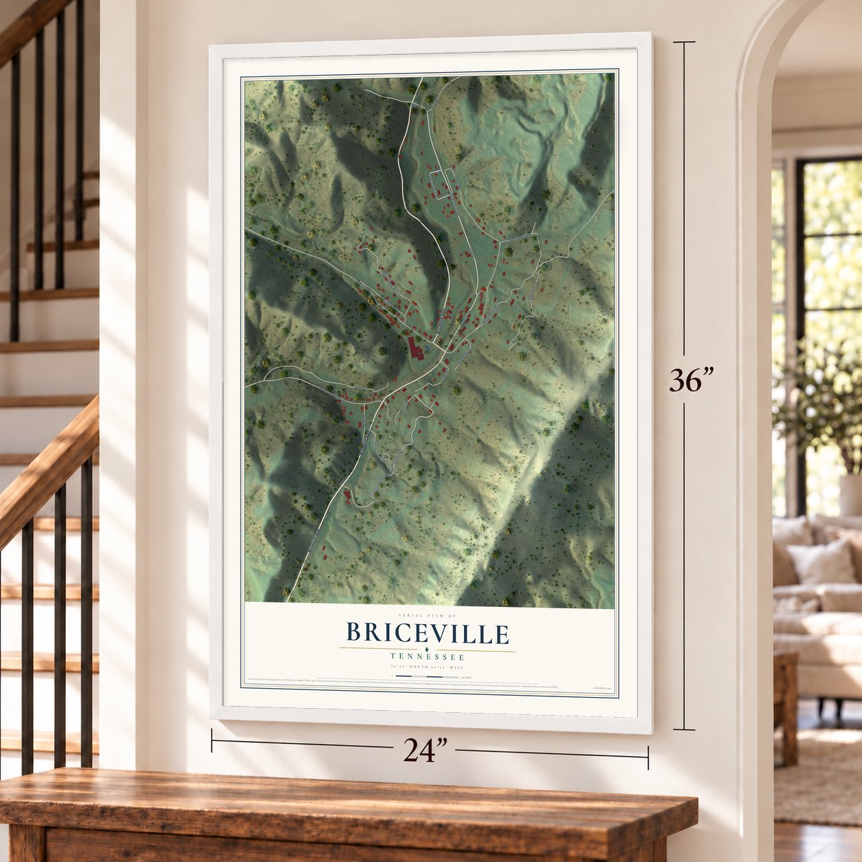 Briceville, Tennessee map, 24 x 36 inch print in a white frame by a staircase
