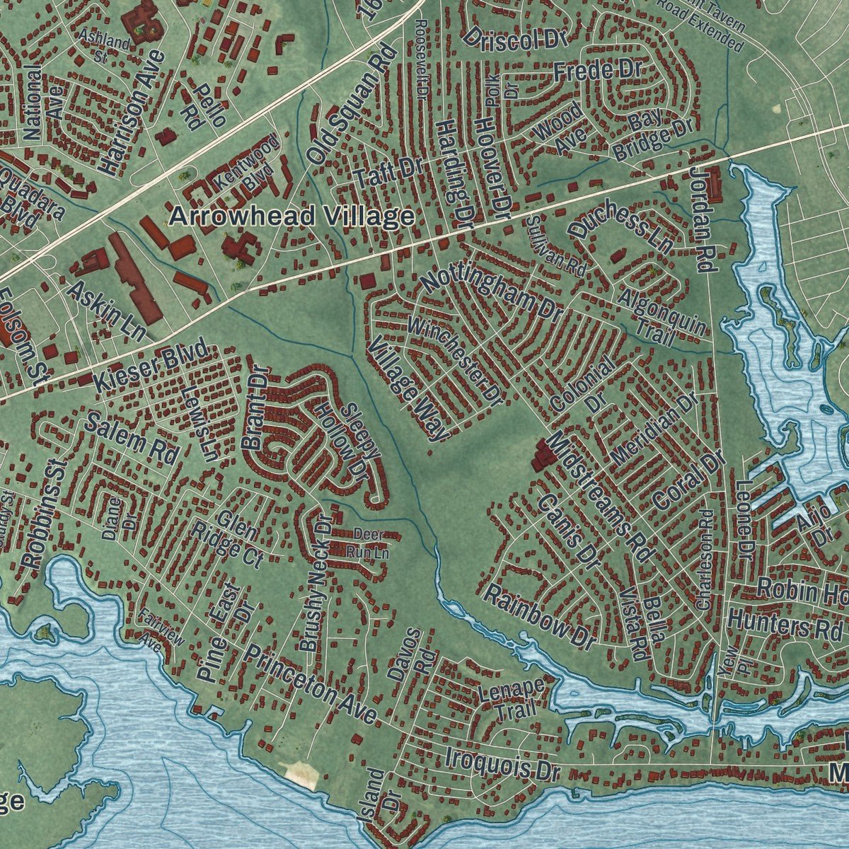 Second close-up of the map of Brick, New Jersey print showing more streets and buildings