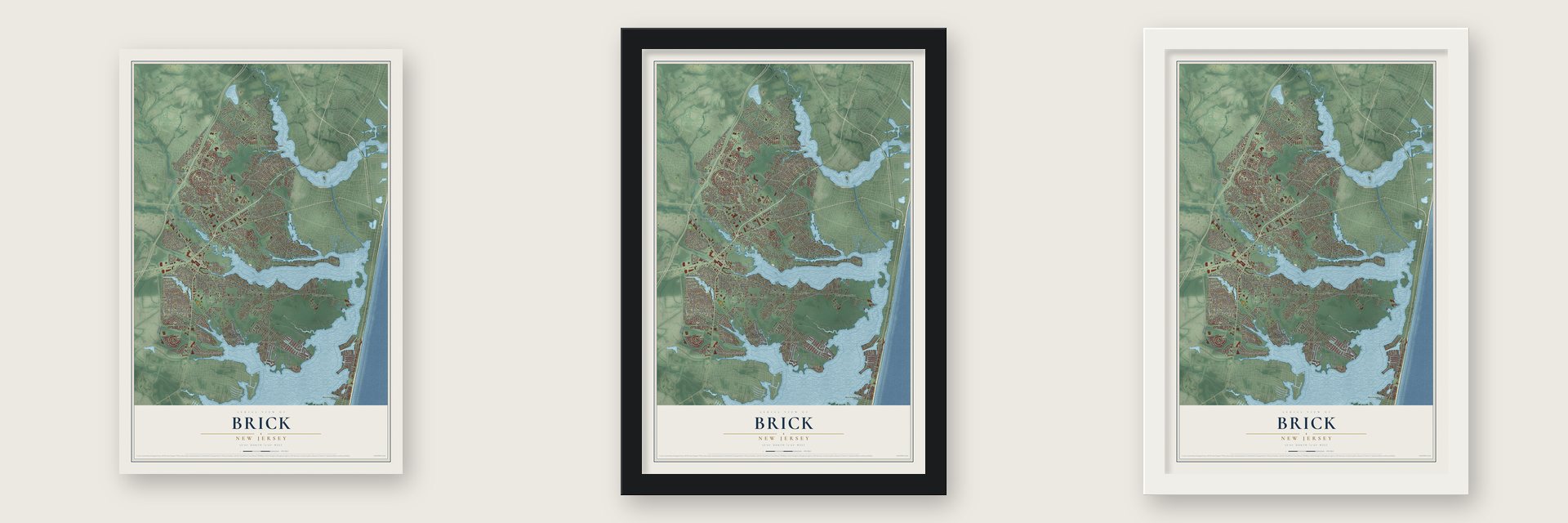 Brick, New Jersey map unframed, in a black wood frame and in a white wood frame