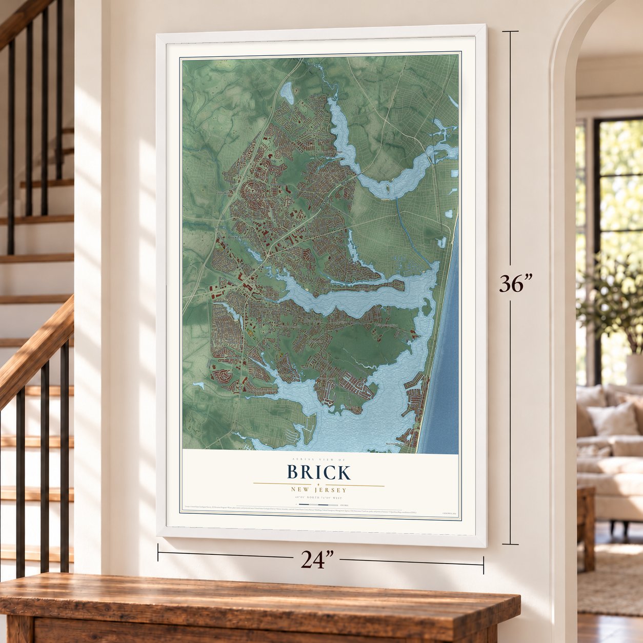 Brick, New Jersey map, 24 x 36 inch print in a white frame by a staircase