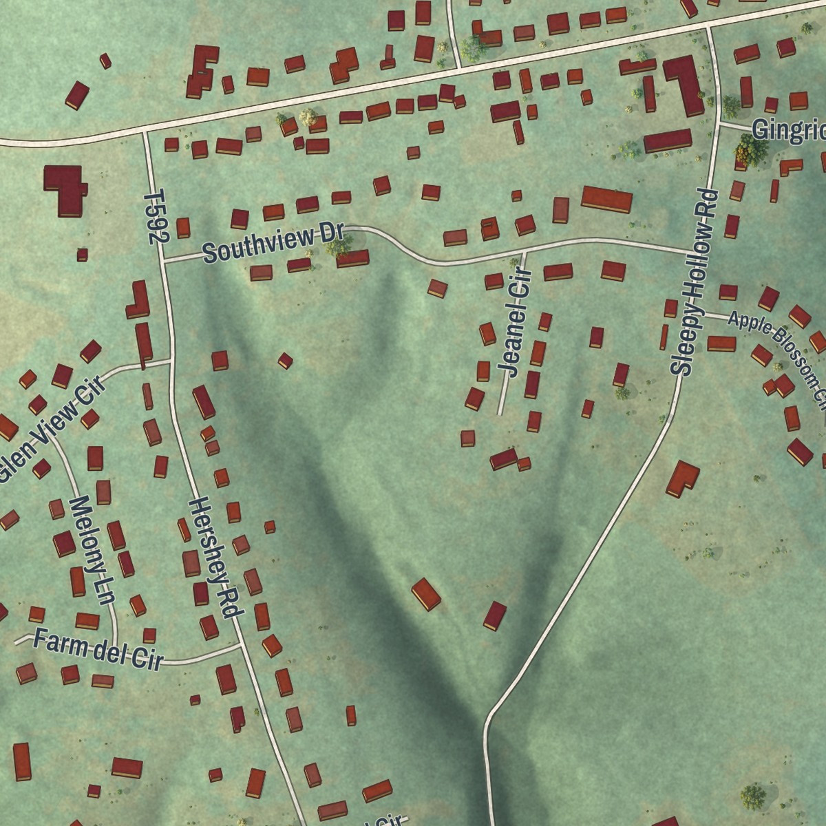 Second close-up of the map of Brickerville, Pennsylvania print showing more streets and buildings