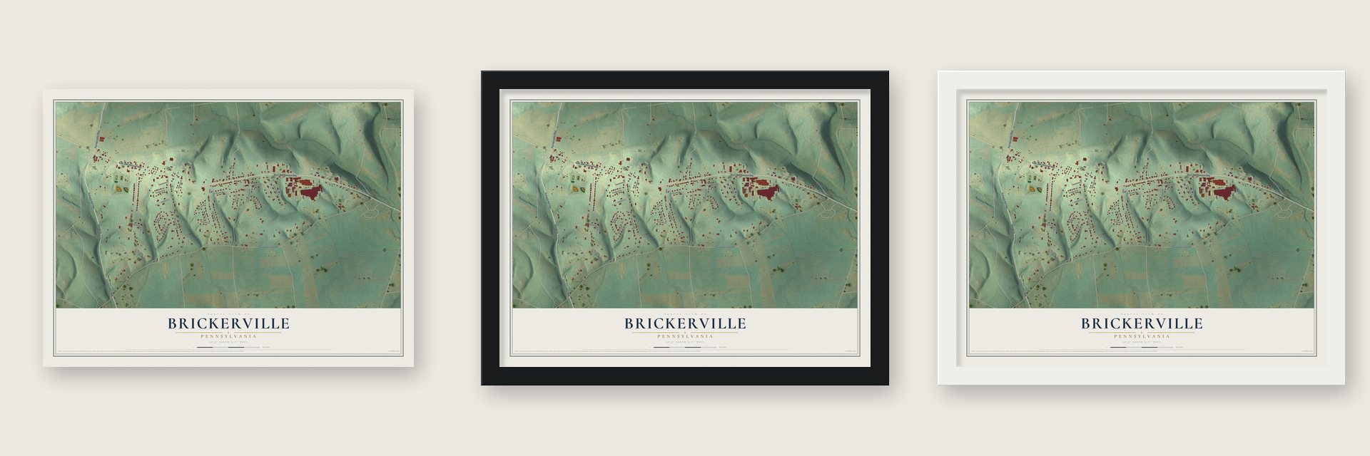 Brickerville, Pennsylvania map unframed, in a black wood frame and in a white wood frame