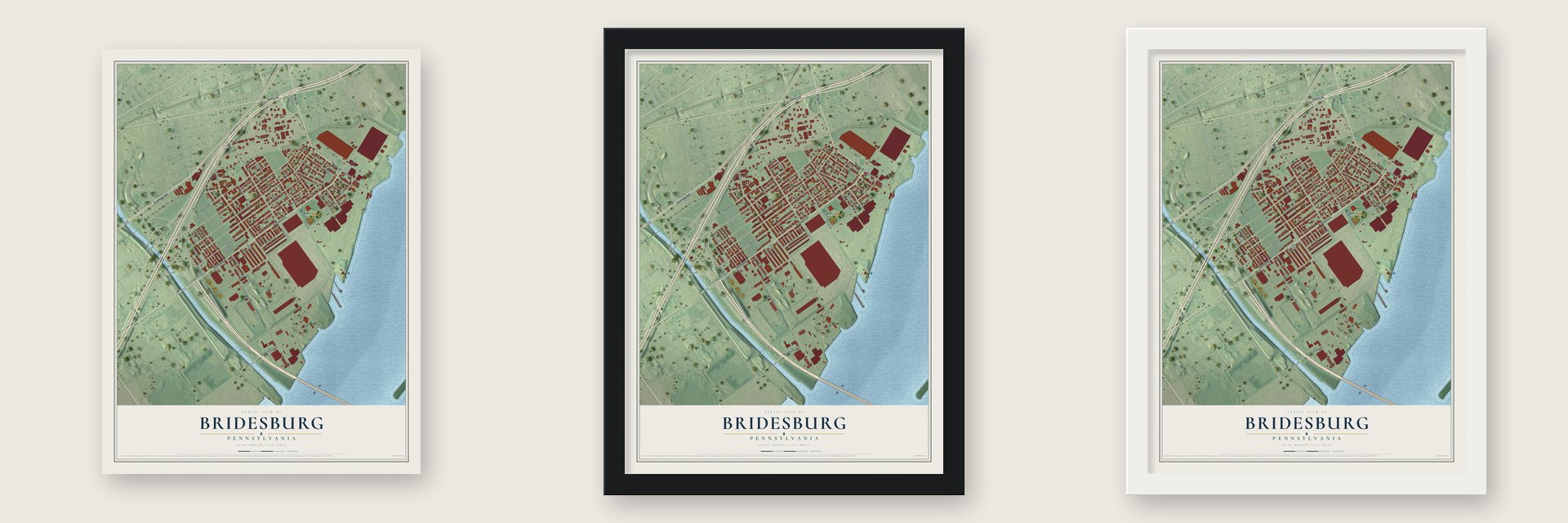 Bridesburg, Pennsylvania map unframed, in a black wood frame and in a white wood frame