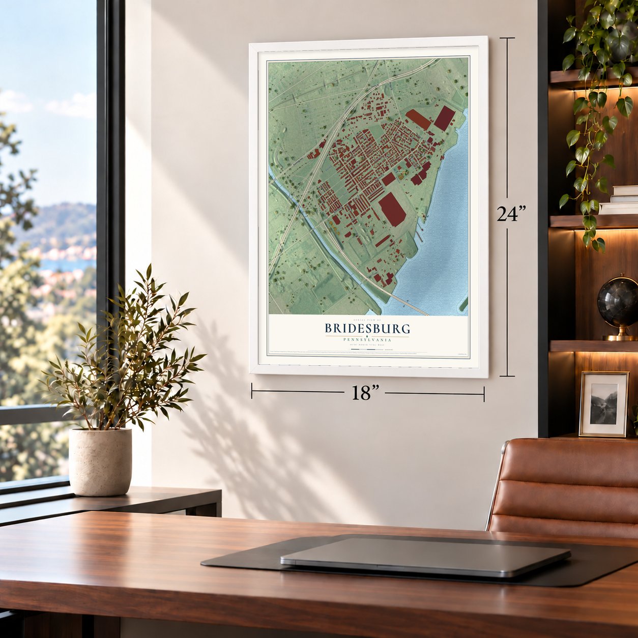 Bridesburg, Pennsylvania map, 18 x 24 inch print in a white frame in a home office