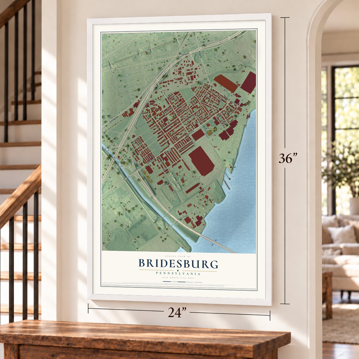 Bridesburg, Pennsylvania map, 24 x 36 inch print in a white frame by a staircase