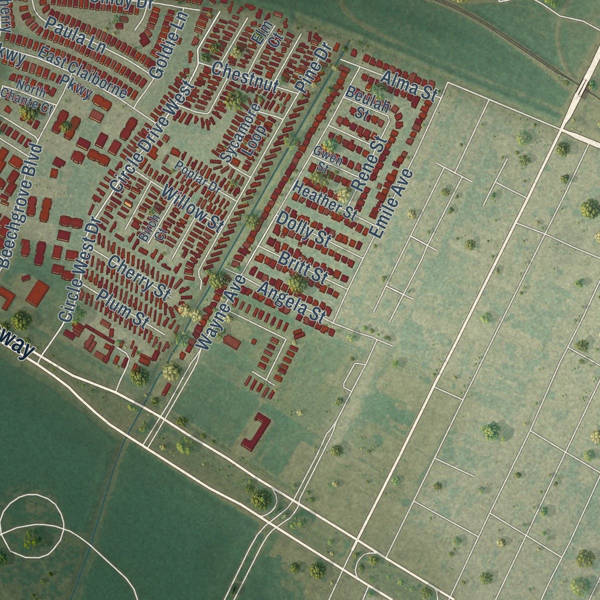 Second close-up of the map of Bridge City, Louisiana print showing more streets and buildings