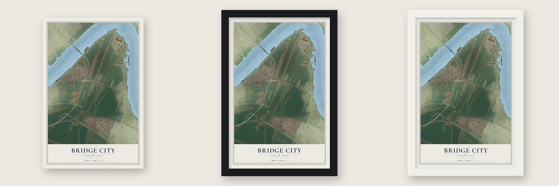 Bridge City, Louisiana map unframed, in a black wood frame and in a white wood frame