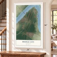 Bridge City, Louisiana map, 24 x 36 inch print in a white frame by a staircase
