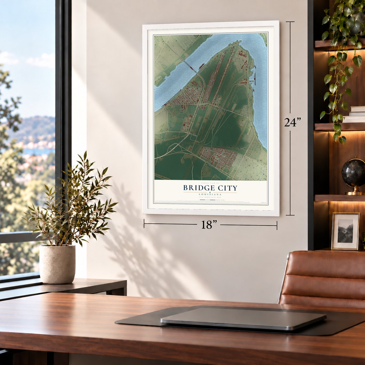 Bridge City, Louisiana map, 18 x 24 inch print in a white frame in a home office