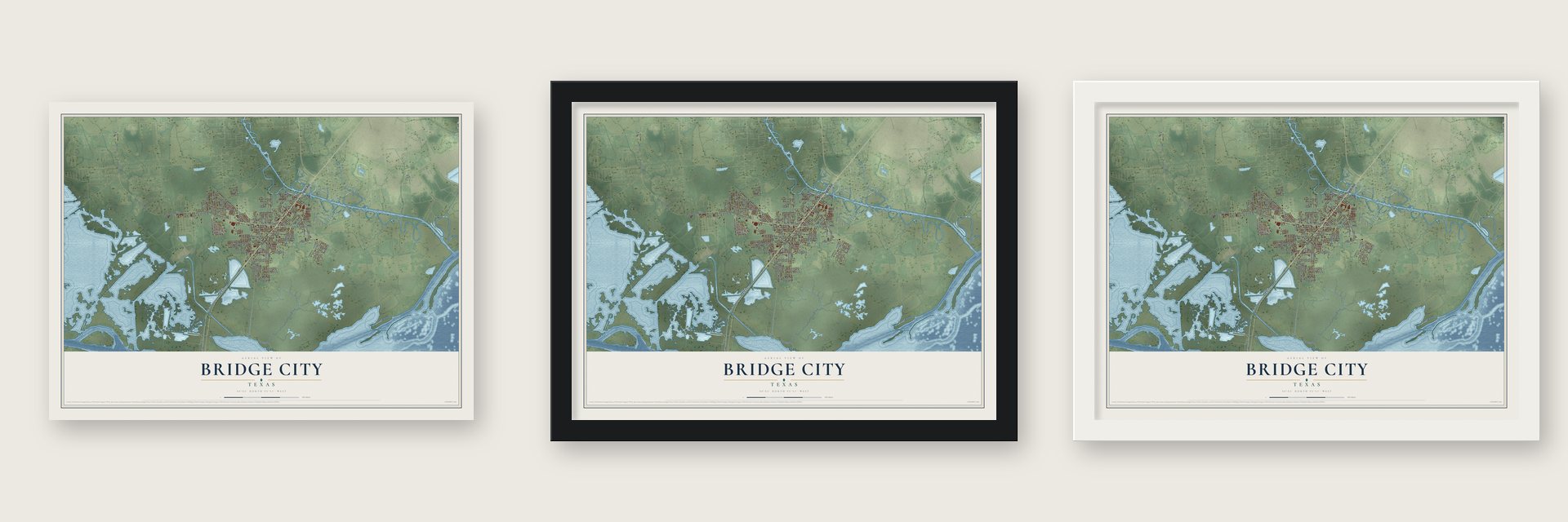 Bridge City, Texas map unframed, in a black wood frame and in a white wood frame
