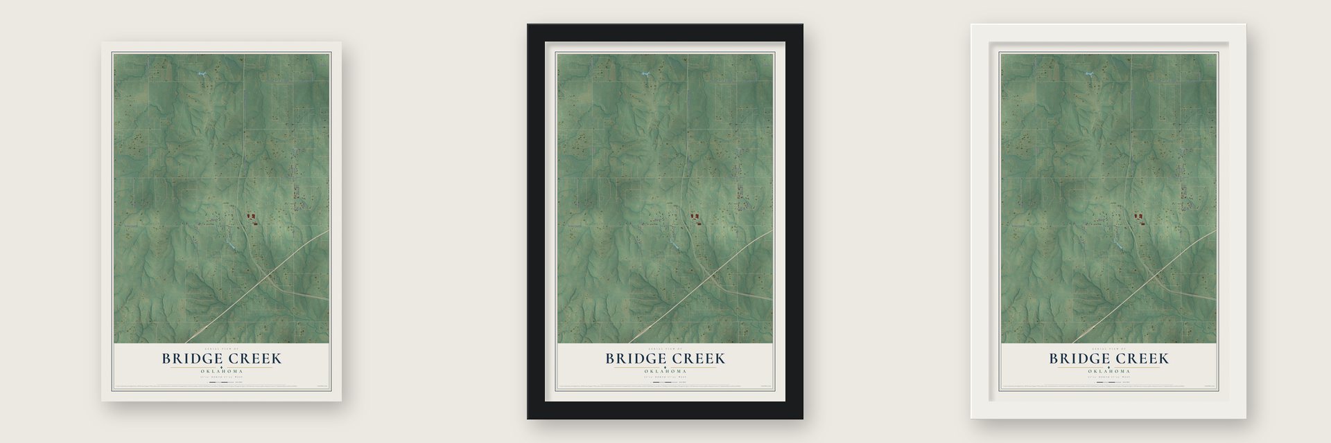 Bridge Creek, Oklahoma map unframed, in a black wood frame and in a white wood frame