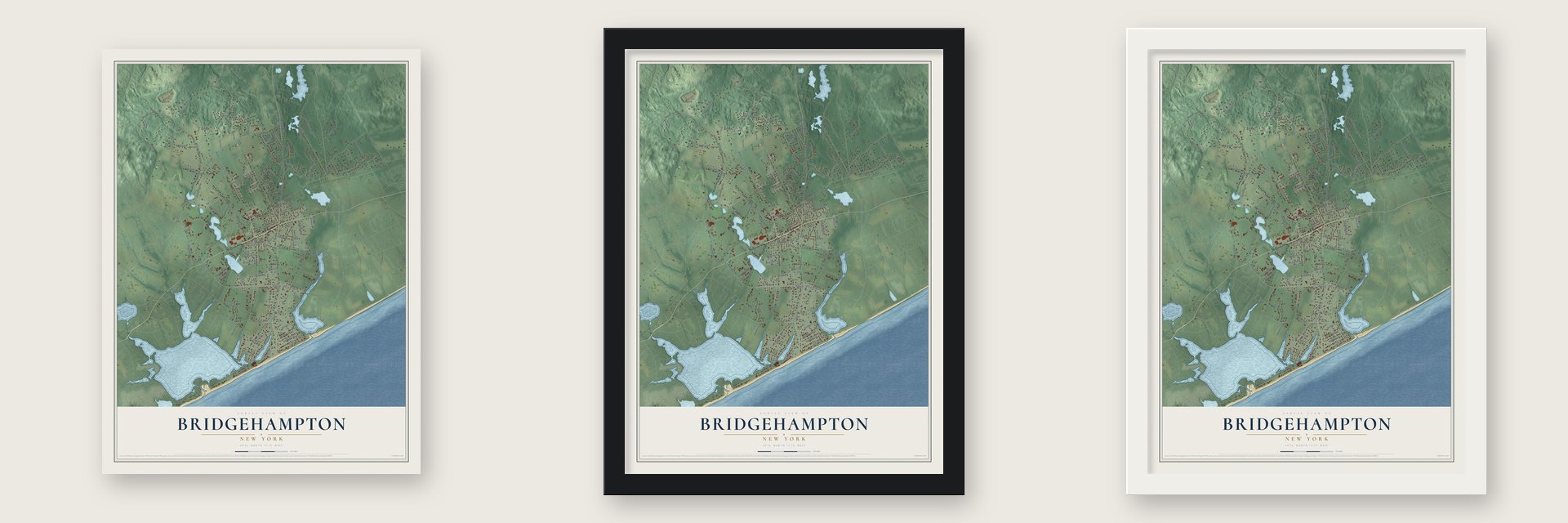 Bridgehampton, New York map unframed, in a black wood frame and in a white wood frame