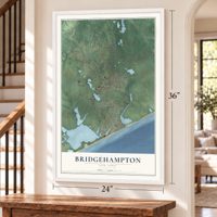 Bridgehampton, New York map, 24 x 36 inch print in a white frame by a staircase