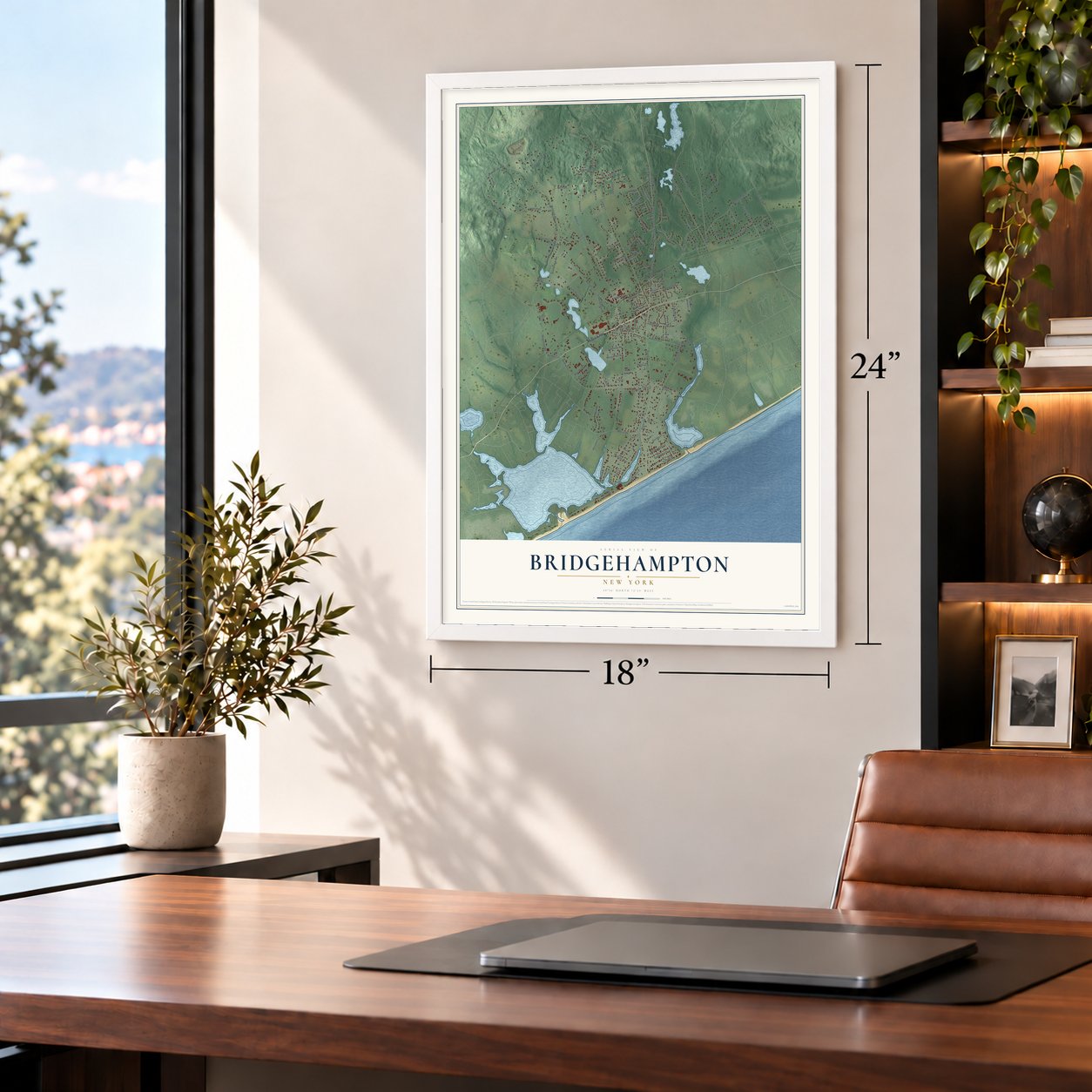 Bridgehampton, New York map, 18 x 24 inch print in a white frame in a home office