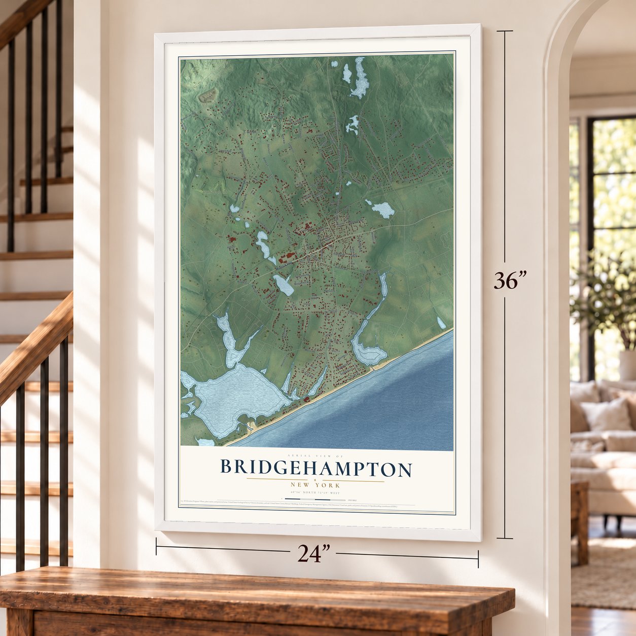 Bridgehampton, New York map, 24 x 36 inch print in a white frame by a staircase