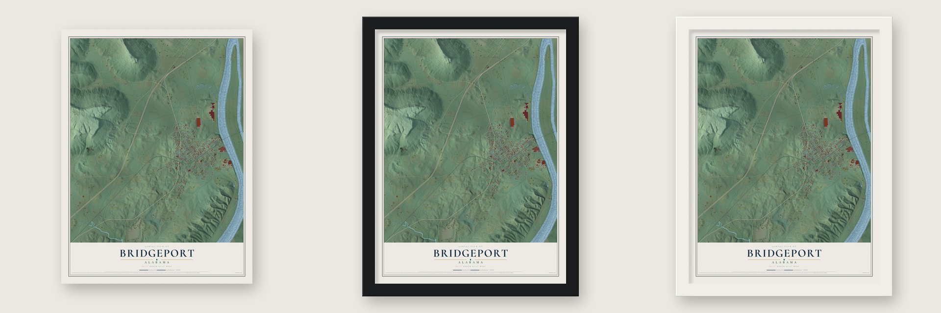 Bridgeport, Alabama map unframed, in a black wood frame and in a white wood frame