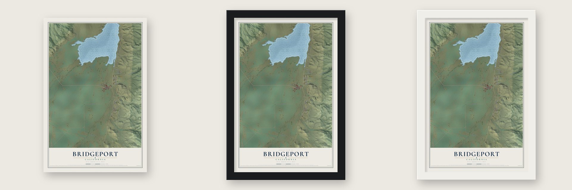 Bridgeport, California map unframed, in a black wood frame and in a white wood frame