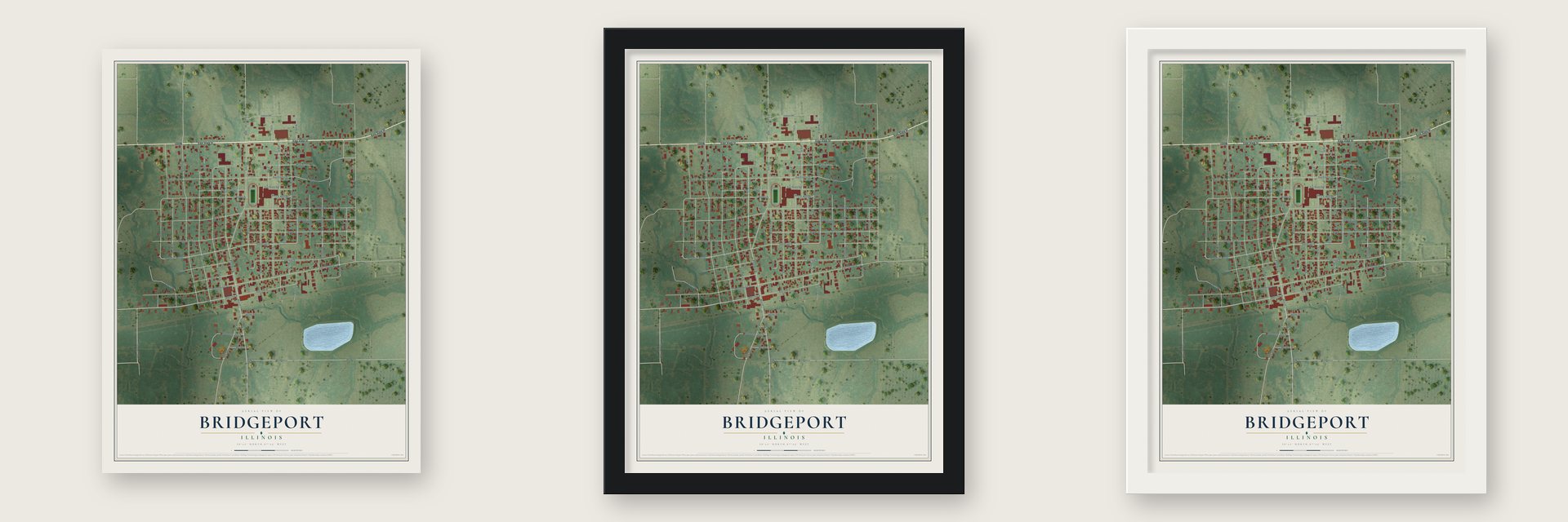 Bridgeport, Illinois map unframed, in a black wood frame and in a white wood frame