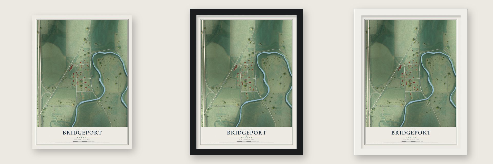Bridgeport, Kansas map unframed, in a black wood frame and in a white wood frame