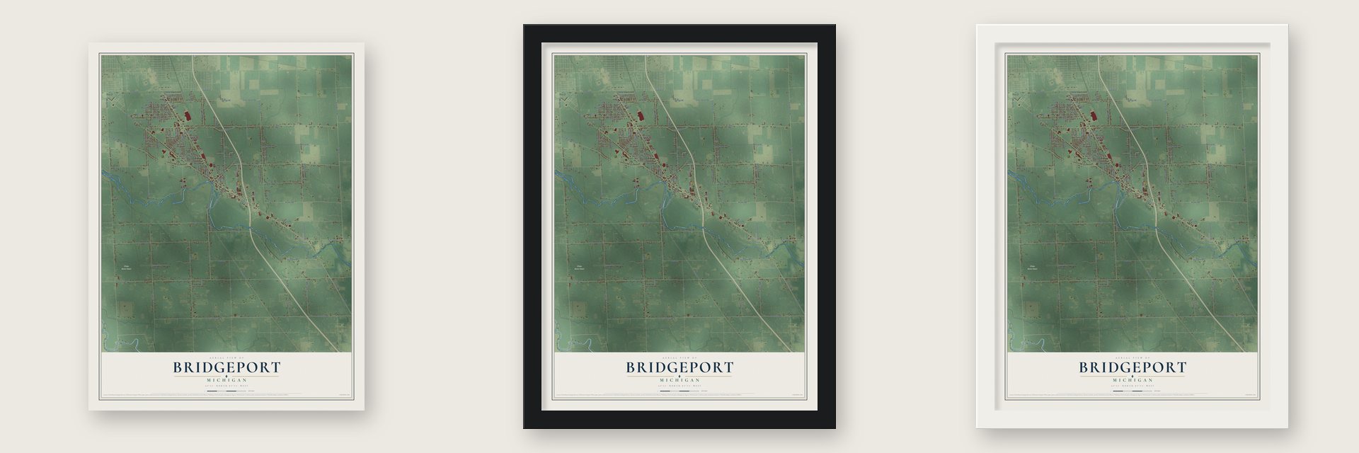Bridgeport, Michigan map unframed, in a black wood frame and in a white wood frame
