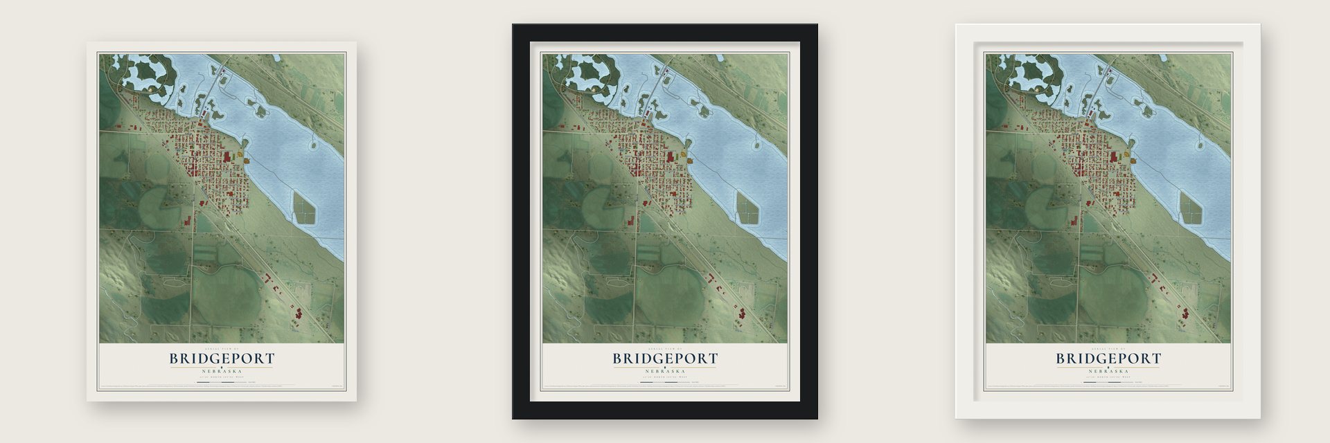 Bridgeport, Nebraska map unframed, in a black wood frame and in a white wood frame