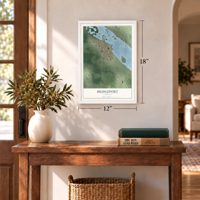Bridgeport, Nebraska map, 12 x 18 inch print in a white frame in an entryway