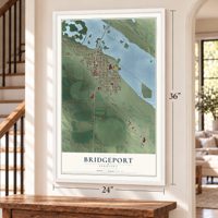 Bridgeport, Nebraska map, 24 x 36 inch print in a white frame by a staircase