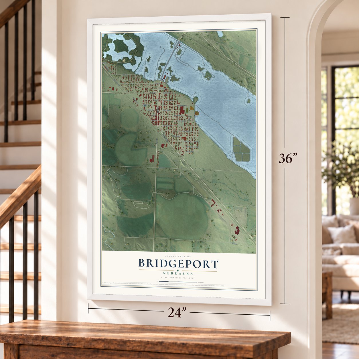 Bridgeport, Nebraska map, 24 x 36 inch print in a white frame by a staircase