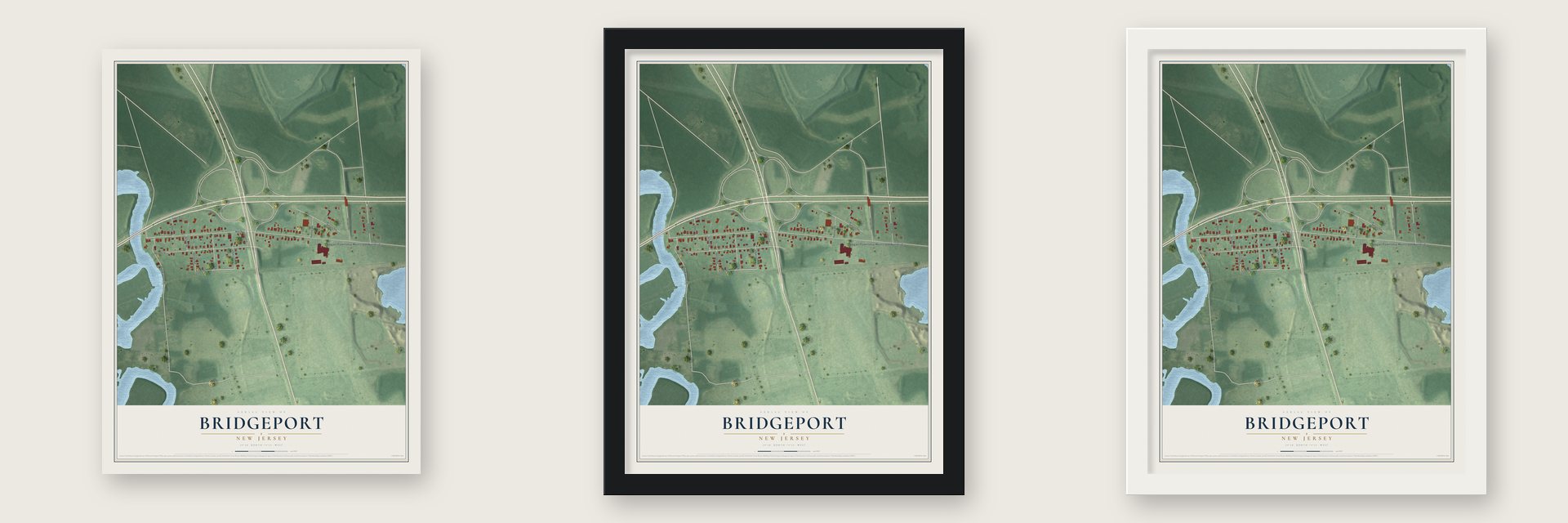 Bridgeport, New Jersey map unframed, in a black wood frame and in a white wood frame
