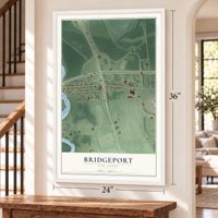 Bridgeport, New Jersey map, 24 x 36 inch print in a white frame by a staircase