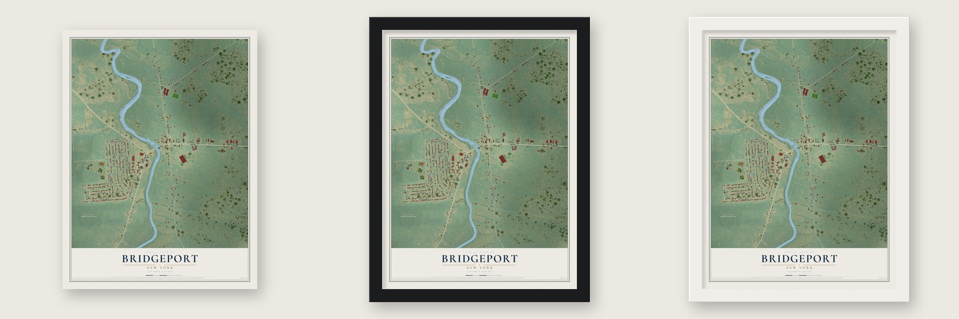 Bridgeport, New York map unframed, in a black wood frame and in a white wood frame