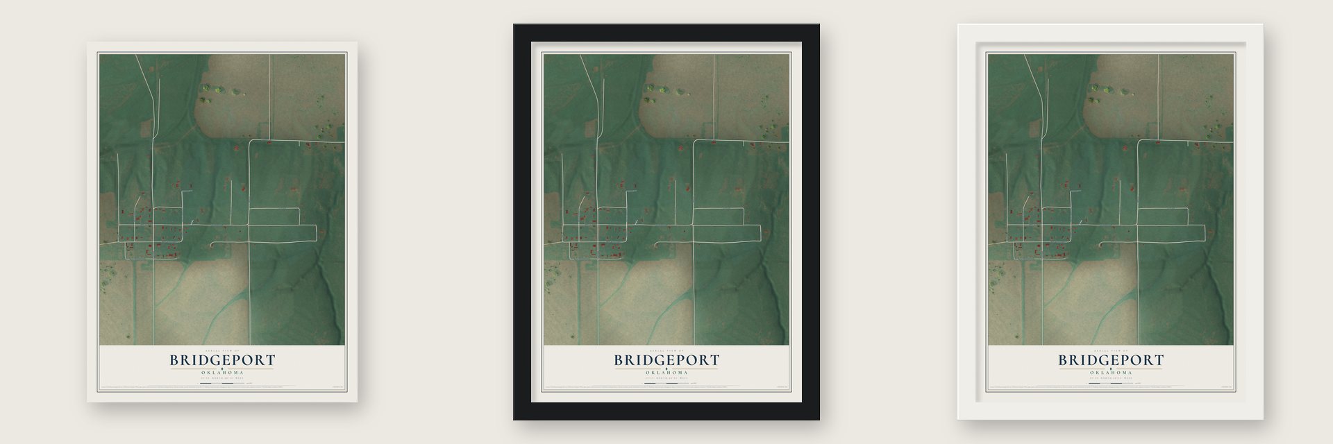 Bridgeport, Oklahoma map unframed, in a black wood frame and in a white wood frame