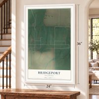 Bridgeport, Oklahoma map, 24 x 36 inch print in a white frame by a staircase
