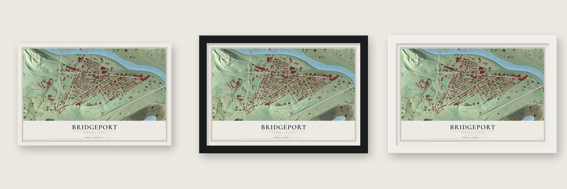 Bridgeport, Pennsylvania map unframed, in a black wood frame and in a white wood frame