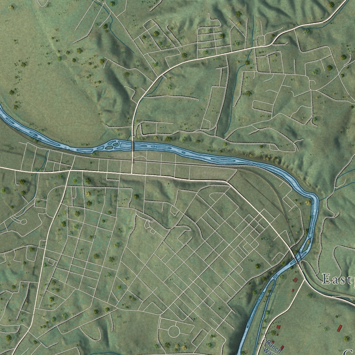 Second close-up of the map of Bridgeport, Tennessee print showing more streets and buildings
