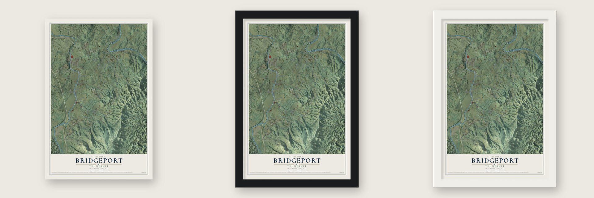 Bridgeport, Tennessee map unframed, in a black wood frame and in a white wood frame