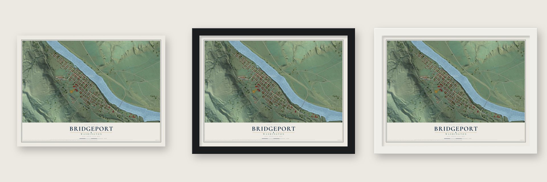 Bridgeport, Washington map unframed, in a black wood frame and in a white wood frame