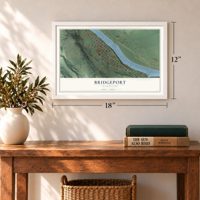 Bridgeport, Washington map, 12 x 18 inch print in a white frame in an entryway