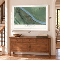 Bridgeport, Washington map, 24 x 36 inch print in a white frame above a dresser by a staircase
