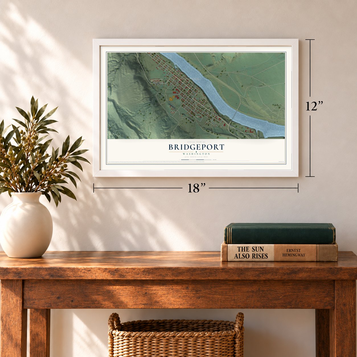 Bridgeport, Washington map, 12 x 18 inch print in a white frame in an entryway