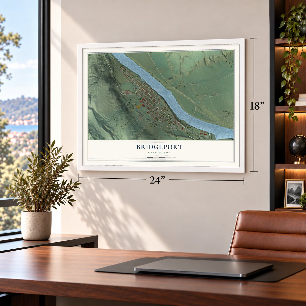 Bridgeport, Washington map, 18 x 24 inch print in a white frame in a home office