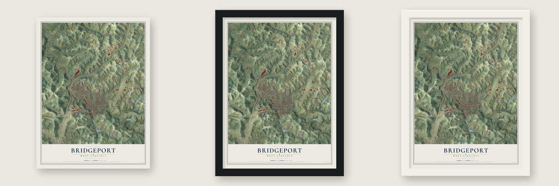 Bridgeport, West Virginia map unframed, in a black wood frame and in a white wood frame
