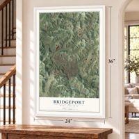 Bridgeport, West Virginia map, 24 x 36 inch print in a white frame by a staircase